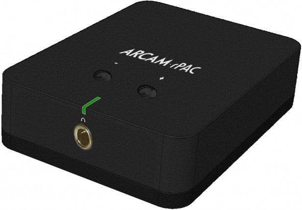 Arcam rPAC USB DAC and headphone amplifier with green power light.