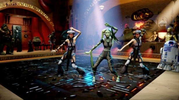 Screenshot of Kinect Star Wars game with characters dancing.