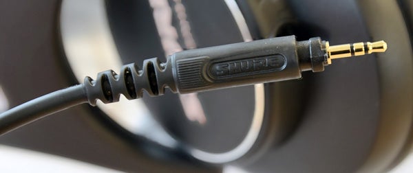 Close-up of Shure SRH840 headphone jack with cable.