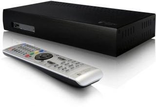 Popcorn Hour A-300 media player with remote control.