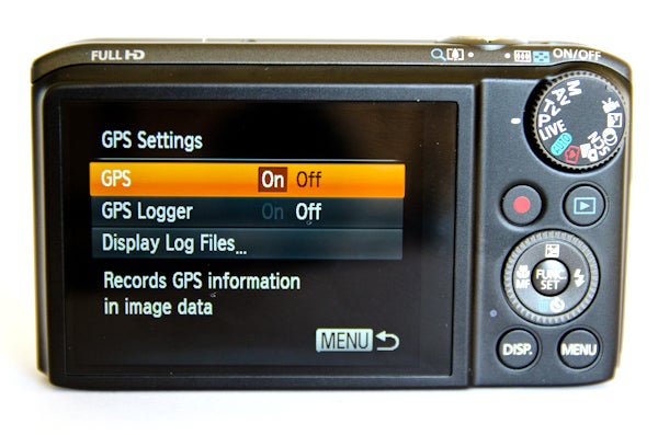 Canon PowerShot SX260 HS camera displaying GPS menu settings.