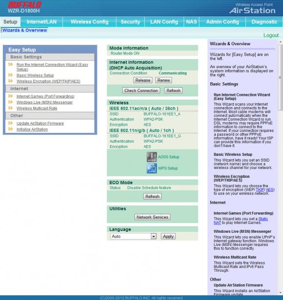 Buffalo AirStation 1750 router configuration interface screenshot.