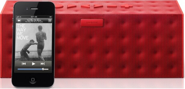 Smartphone paired with a red Jawbone Big Jambox speaker.