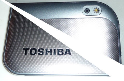 Close-up of Toshiba AT300 tablet's back with logo and camera.