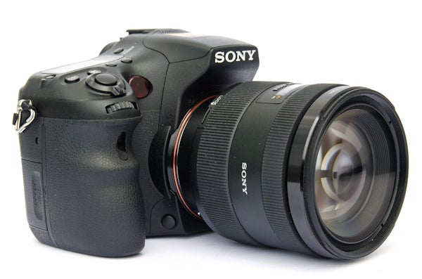 Sony Alpha A77 DSLR camera with lens on white background.