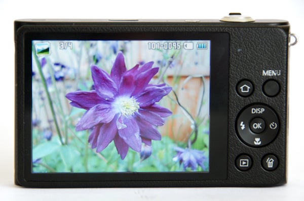 Samsung DV300F camera displaying purple flower on screen.