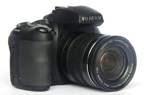 Fujifilm FinePix HS30EXR camera on white background.