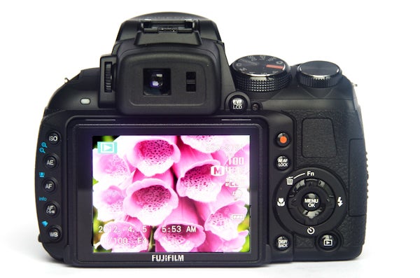 Fujifilm FinePix HS30EXR camera displaying pink flowers on screen.