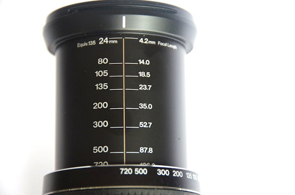 Close-up of Fujifilm FinePix HS30EXR lens with focal length markings.