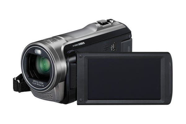 Panasonic HC-V500 camcorder with open LCD screen.