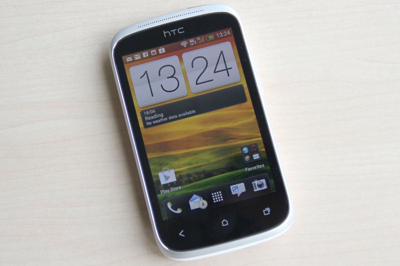 HTC Desire C smartphone displaying home screen on desk