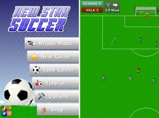 Screenshot of New Star Soccer game menu and gameplay.