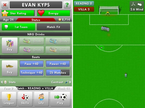 New Star Soccer game screens showing player status and match play.