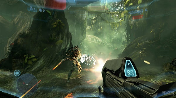 Halo 4 gameplay screenshot with first-person shooter action.