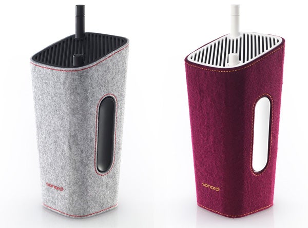 Two Sonoro CuboGo portable radios in grey and burgundy.