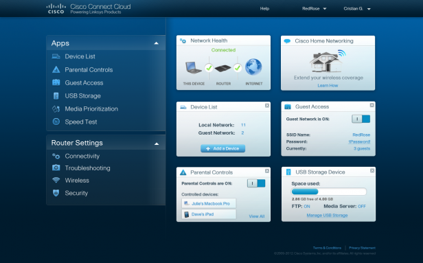 Linksys EA4500 router interface with network health and control settings.