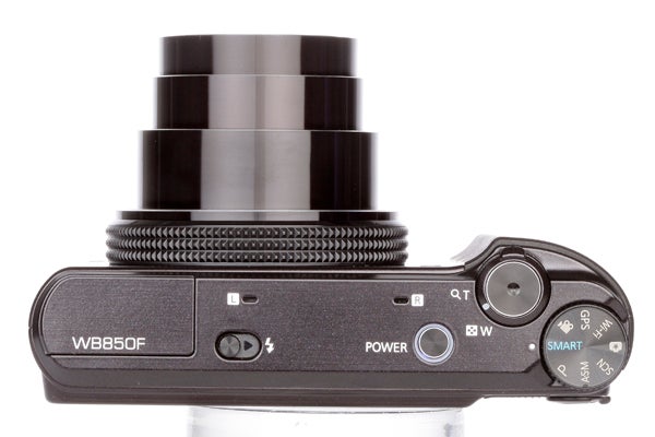 Samsung WB850F camera showcasing zoom lens and top controls.