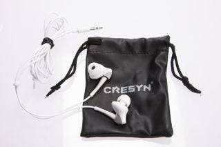 Cresyn C415E earphones with pouch on white background.