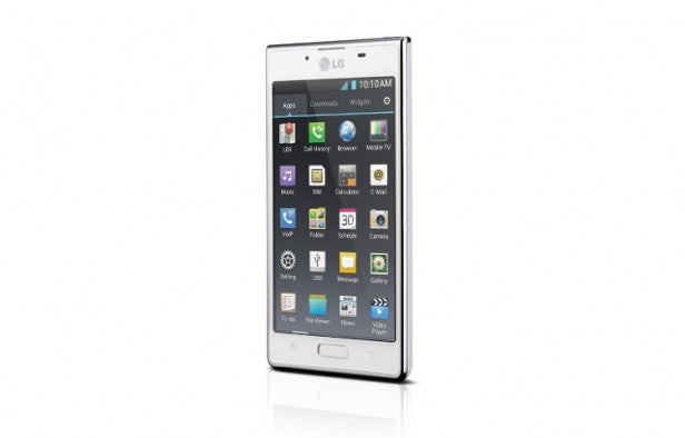 LG Optimus L7 smartphone displaying homescreen icons.