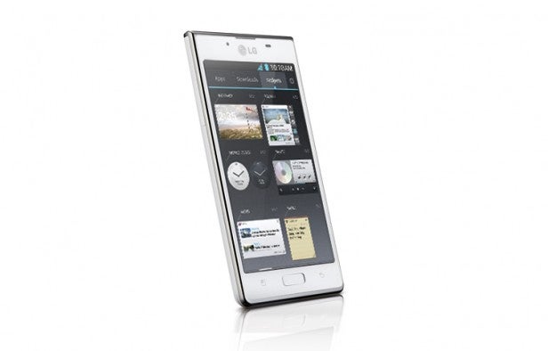 LG Optimus L7 smartphone displayed on a reflective surface.
