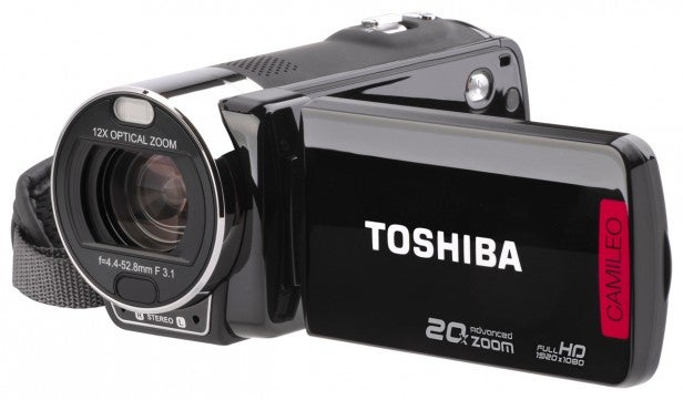 Toshiba Camileo X200 HD camcorder with 12x optical zoom.Toshiba Camileo X200 camcorder with LCD screen open.Toshiba Camileo X200 camcorder with 12x optical zoom.Toshiba Camileo X200 camcorder side view with strap.