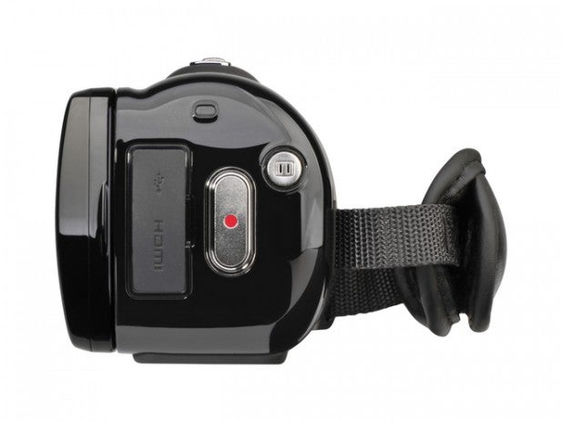Toshiba Camileo X200 HD camcorder with 12x optical zoom.Toshiba Camileo X200 camcorder side view with strap.