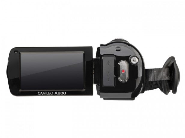 Toshiba Camileo X200 HD camcorder with 12x optical zoom.Toshiba Camileo X200 camcorder with LCD screen open.Toshiba Camileo X200 camcorder side view with strap.