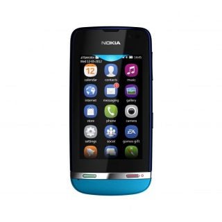 Nokia Asha 311 smartphone displaying home screen with icons.