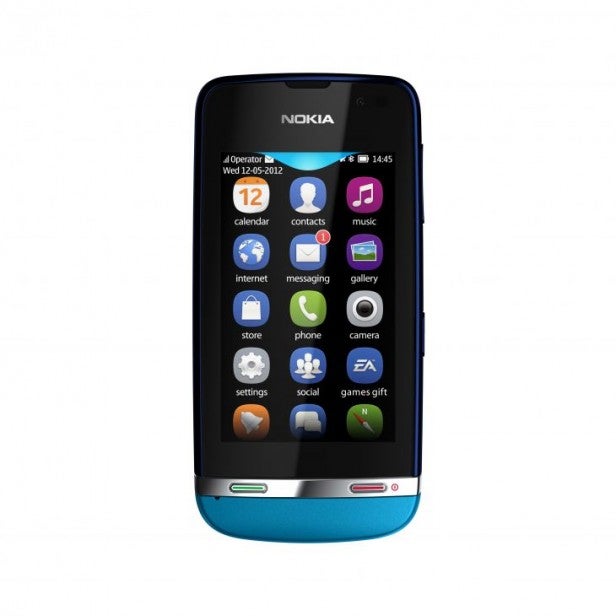 Nokia Asha 311 smartphone displaying home screen icons.