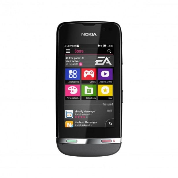 Nokia Asha 311 smartphone with display showing apps.