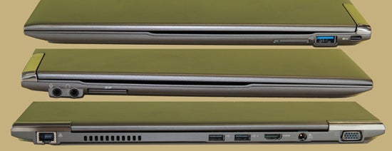 Toshiba Portege Z930 laptop showing ports and slim profile.