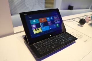 Sony VAIO Duo 11 hybrid laptop with screen displaying Windows 8.