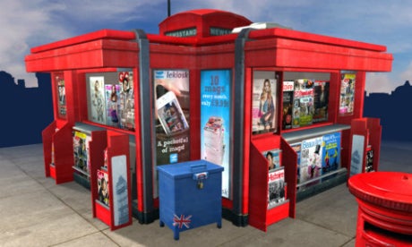 Red kiosk displaying Lekiosk magazine service advertisement.