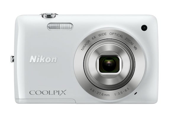White Nikon Coolpix S4300 compact camera front view.