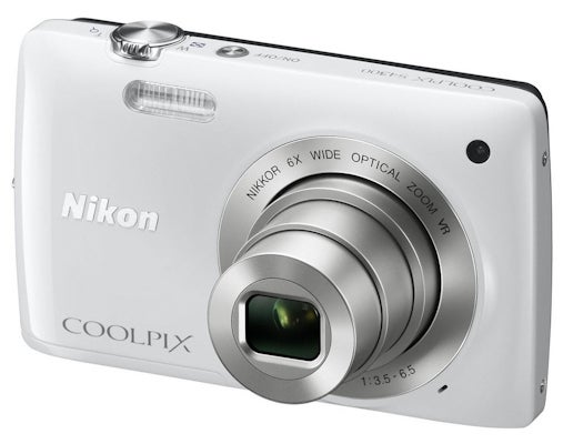 White Nikon Coolpix S4300 compact digital camera.
