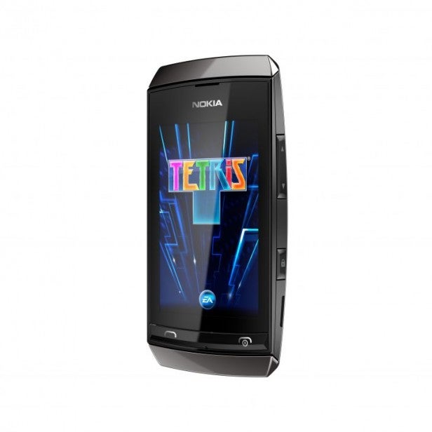 Nokia Asha 306 smartphone displaying Tetris game.