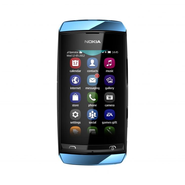 Nokia Asha 306 smartphone displaying home screen icons.