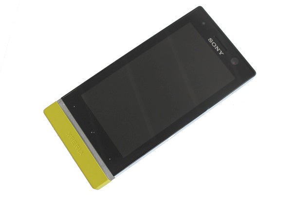 Sony Xperia U smartphone with a black screen and yellow base
