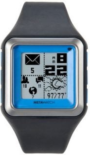 MetaWatch Strata smartwatch displaying time, weather, and notifications.