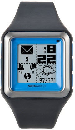MetaWatch Strata smartwatch displaying time, weather, and notifications.