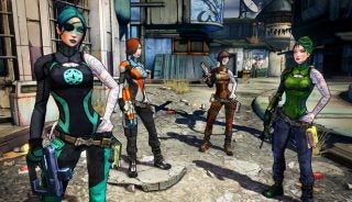 In-game characters from Borderlands 2 standing in a post-apocalyptic setting.