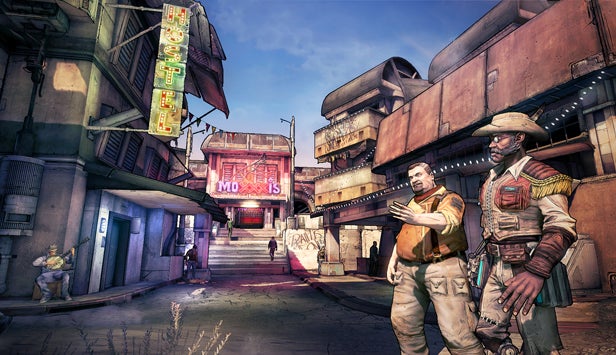 Borderlands 2 characters in front of Moxxi's Bar in-game screenshot.
