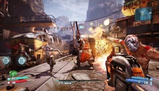 Borderlands 2 gameplay showing character fighting enemies with gun.