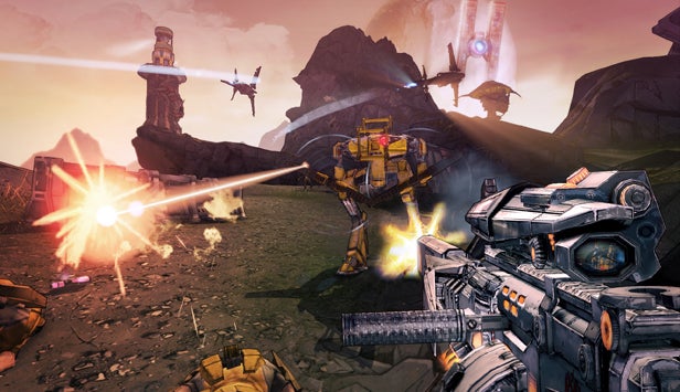 Borderlands 2 gameplay showing character firing weapon at robot.