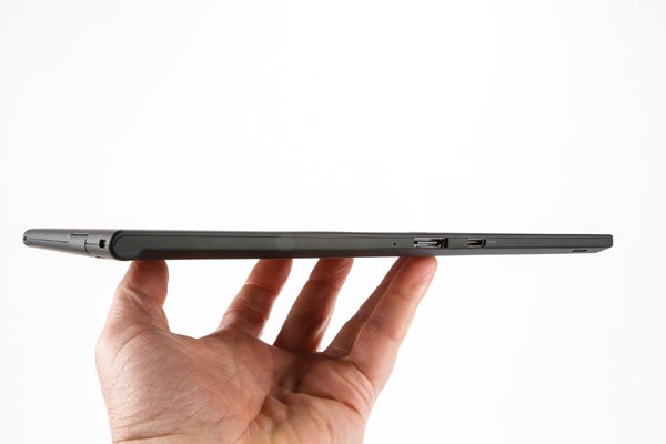 Side view of Lenovo ThinkPad Tablet 2 on a hand.