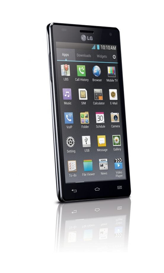 LG Optimus 4X HD P880 smartphone showing home screen icons.