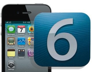 iPhone with iOS 6 interface and logo.