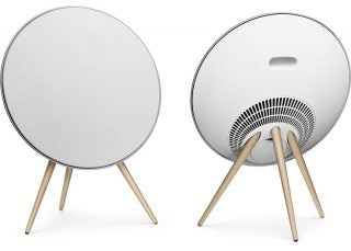 Bang & Olufsen BeoPlay A9 speakers on wooden legs, front and back view