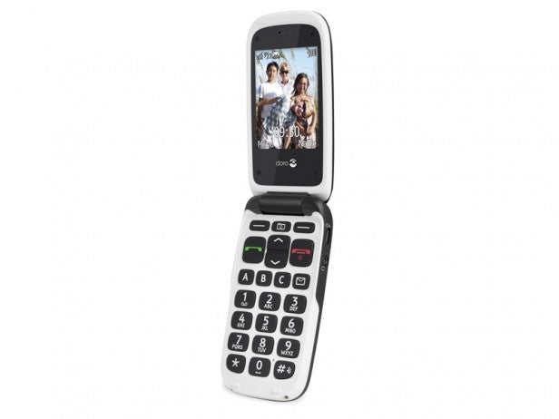 Doro PhoneEasy 612 flip phone with large buttons open.