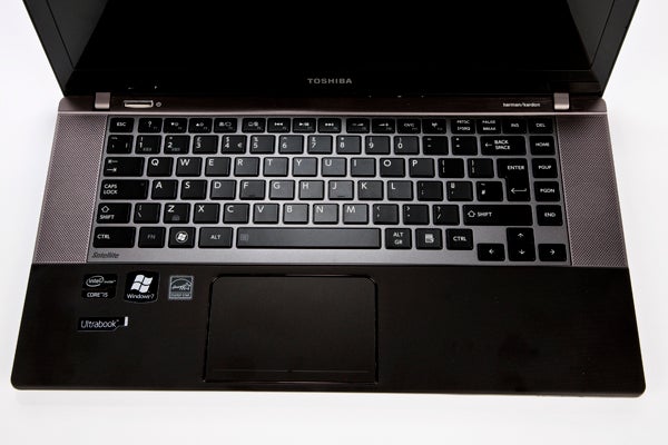 Toshiba Satellite U840W laptop keyboard and touchpad close-up.